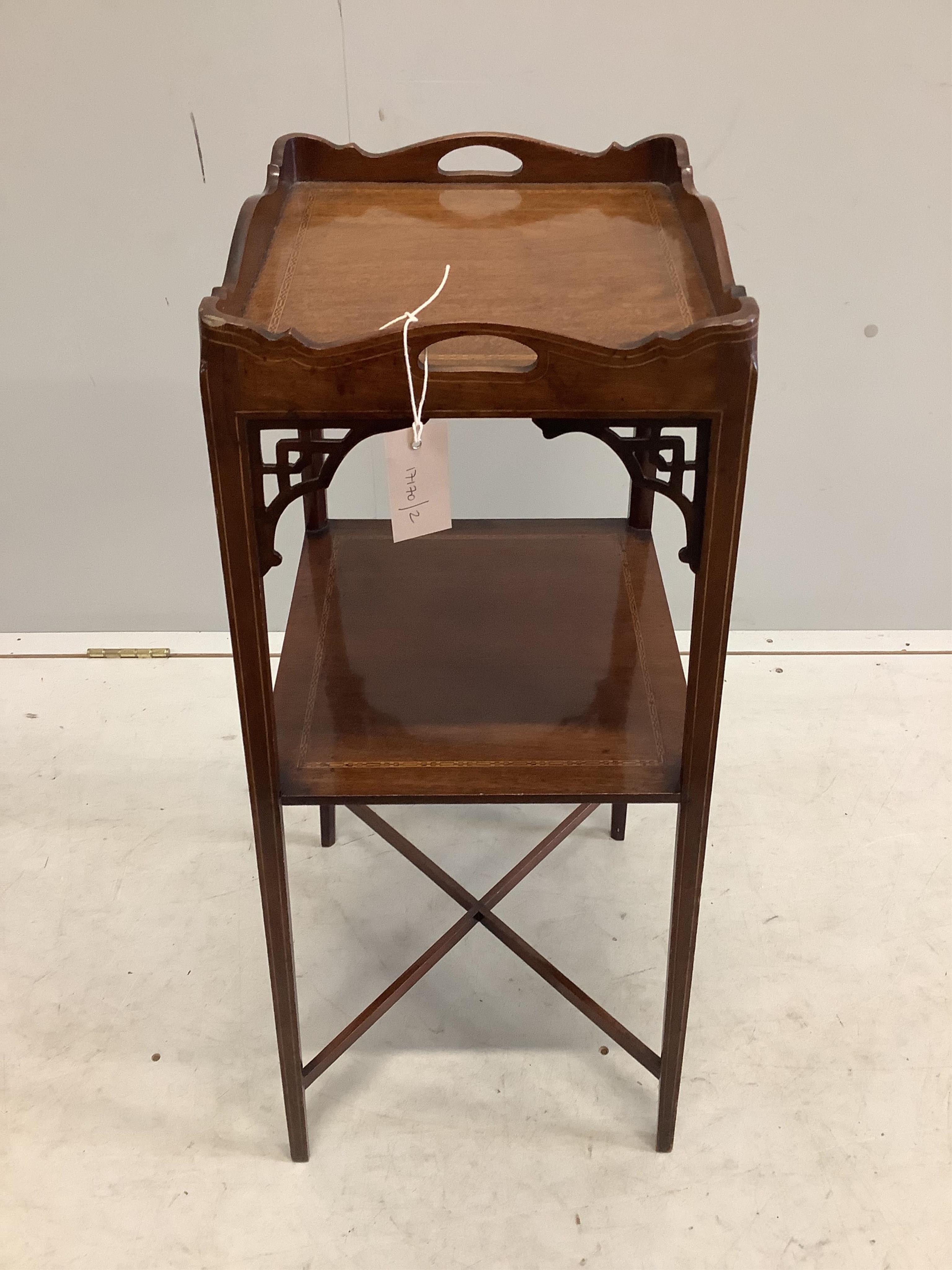 A George III mahogany two tier urn stand, width 32cm, height 79cm. Condition - fair to good